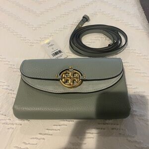 Tory Burch leather clutch/crossbody in grayish green